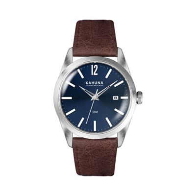 Men's blue dial watch with brown leather strap